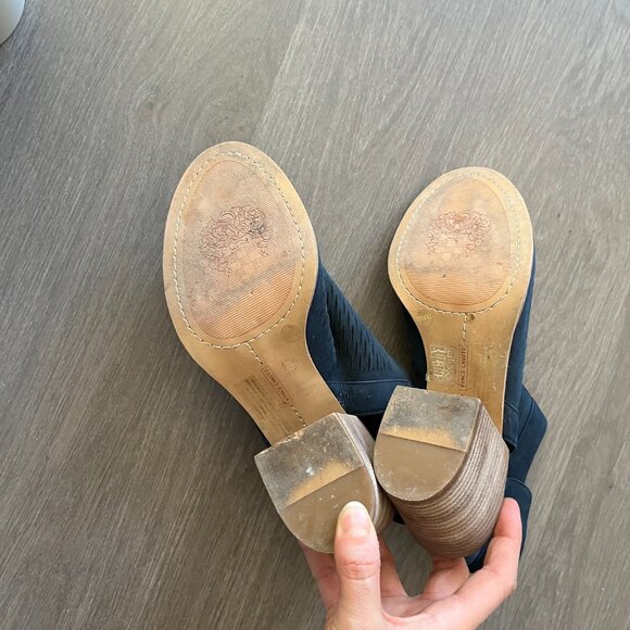 Vince Camuto Navy Suede Open-Toed Sandal with Chunky Heel and Velcro Strap - Picture 7 of 9